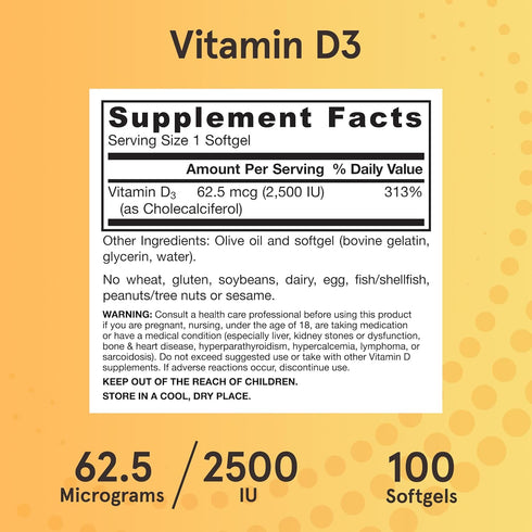 Jarrow Formulas Vitamin D3 62.5 mcg (2,500 IU), 100 Servings Softgels for Bone Health & Immune Support