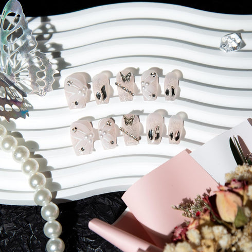 Short Coffin Press on Nails, Hand Painted Streamer Fake Nails with Glue, 3D Butterfly Diamond 10pcs/Box for Women