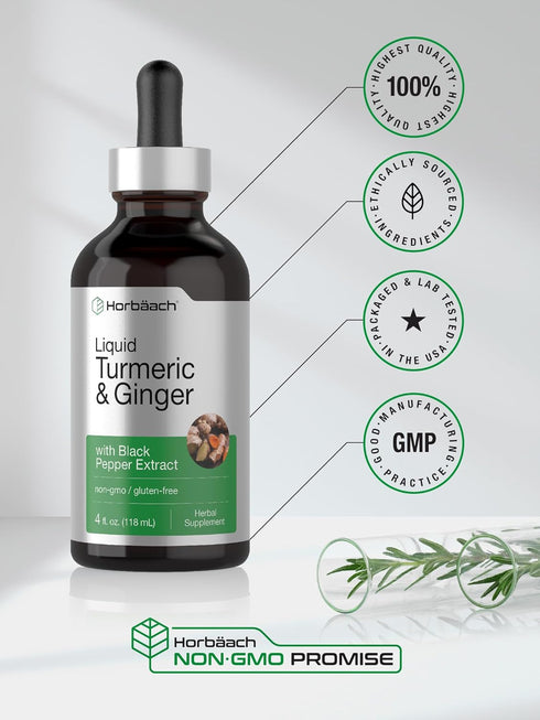 Horbaach Turmeric and Ginger Supplement 4 fl oz | Herbal Liquid Extract with Black Pepper | Vegan, Non-GMO, Gluten Free