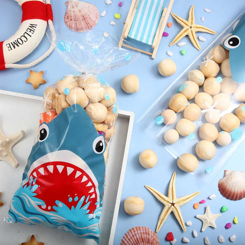 100 Pieces Shark Party Bags - 12.5 x 27.5 cm Plastic Candy Bags with 100 Silver Twist Ties for Summer Ocean Party