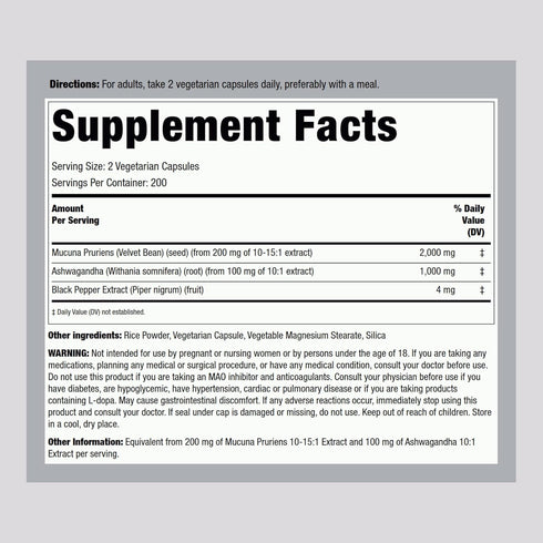 Piping Rock Mucuna Ashwagandha | 3000mg | 200 Capsules | Complex Supplement | Concentrated Extract | Vegetarian, Non-GMO, Gluten Free