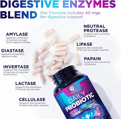 Daily Probiotics and Prebiotics 60 Billion CFU, 10 Strains + 4 Prebiotics, Digestive Nutritional Supplement for Women &