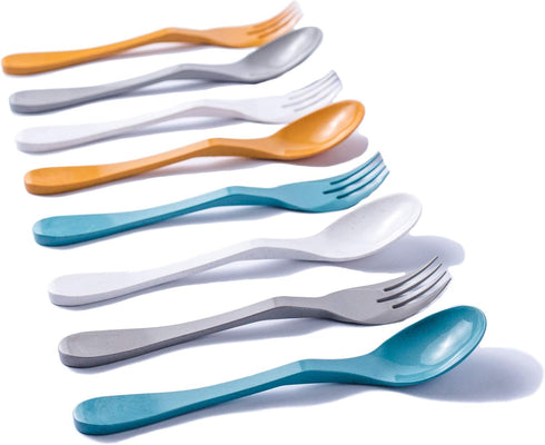 Knork Eco Astrik Reusable Compostable Plant-Based Utensil Set - 8 Piece with Carry Case in Orange Blue White Gray