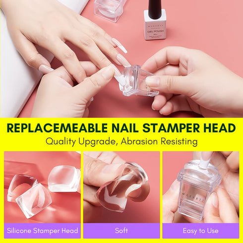 Makartt 12 PCS French Nail Art Stamper Kit - 2 PCS Jelly Nail Stamper, 4 PCS Silicone Heads, 6 Sheets Nail Guide