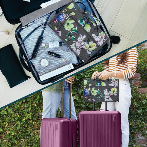 PAVILIA Hanging Toiletry Bag for Women Men, Waterproof Travel Kit, Foldable Cosmetics Organizer, Jewelry Case (Floral