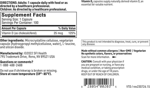 Klaire Labs Vitamin D3 1000 IU, 100 Capsules | High Potency Bone & Immune Support, Hypoallergenic