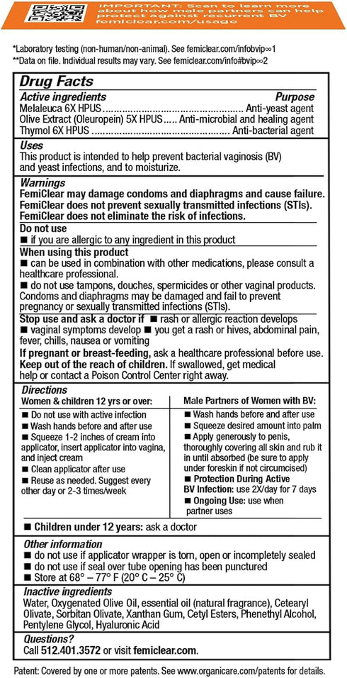 Natural Feminine Care Cream - FemiClear Infection Protection for BV & Yeast