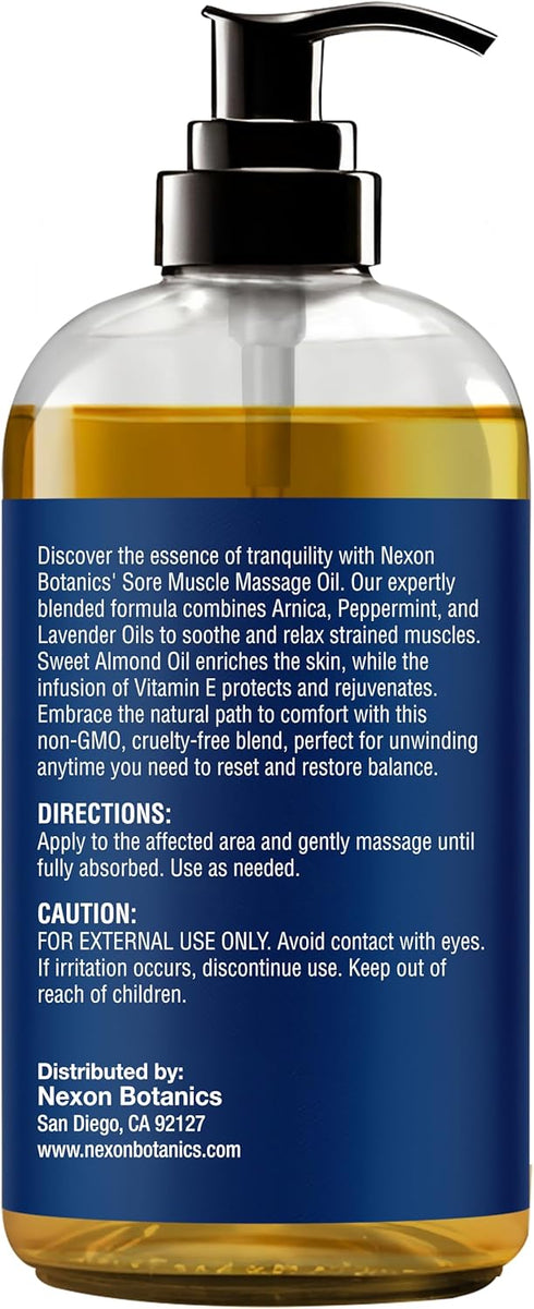 Sore Muscle Massage Oil 8 fl oz - Body Massage Oil with Peppermint, Lavender, Arnica for Pain Relief and Relaxation