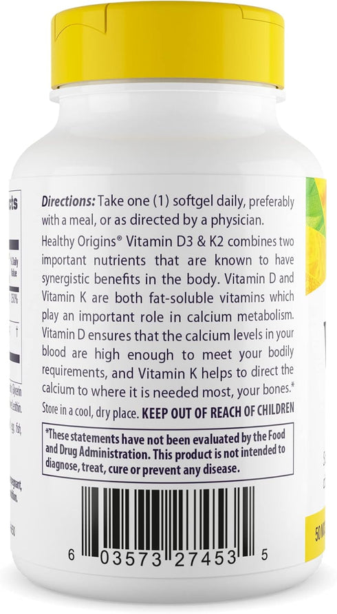 Healthy Origins Vitamin D3 & K2 Supplements, 50 mcg D3, 200 mcg K2, Non-GMO & Gluten-Free, 60 Softgels