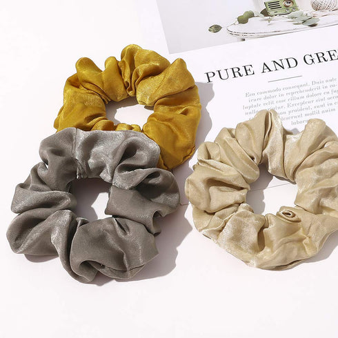 Silk Satin Scrunchies for Women, Big Hair Ties No Crease Ponytail Holders in Beige, Gray, Dark Yellow, Light Yellow