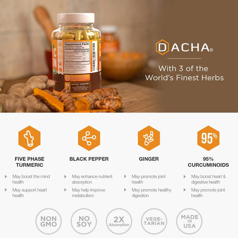 DACHA Turmeric Curcumin Supplement, 2250mg, Joint Support with Black Pepper Ginger, 95% Curcuminoids Capsules