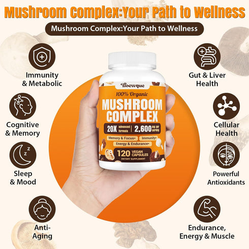Tioewque 20 1 120 Brain Supplements for Memory and Focus, Mushroom Supplement, in Mushroom Complex with Lions Mane