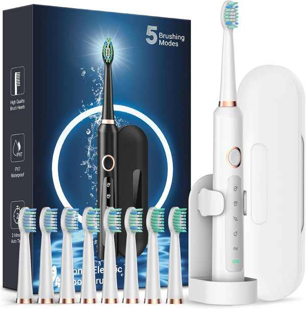Rtauys M5 Sonic Electric Toothbrush for Adults, Rechargeable with 8 Brush Heads & Travel Case, 120 Days on 3 Hours