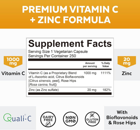 Viva Naturals Vitamin C 1000 mg and Zinc 20 mg Supplement (250 Capsules) for Immune Support, Plant Based
