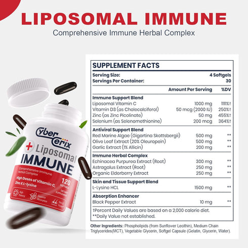 Advanced Liposomal Immune Supplement, Complex with L-Lysine 1,500mg, Vitamins, Minerals & Herbal Extracts, Comprehensive Daily Wellness Blend for Men & Women - 120 Capsules