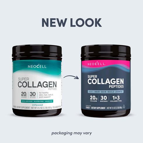 NeoCell Super Collagen Peptides, 20g Collagen Peptides per Serving, Gluten Free, Keto Friendly, Non-GMO, Grass Fed, Healthy Hair, Skin, Nails and Joints, Unflavored Powder, 21.2 oz., 1 Canister