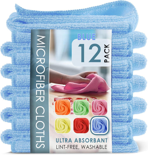 Hearth & Harbor Microfiber Cleaning Cloth, 12 Pack Blue Washcloths, Reusable Lint Free Towels for Cars and Cleaning