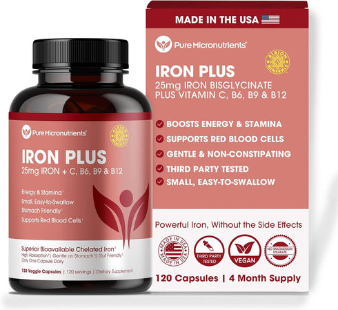 Iron Supplement for Women & Men, Natural Ferrous Chelate, 25mg + Vitamin C, B6, B12, Folic Acid - 120 Count