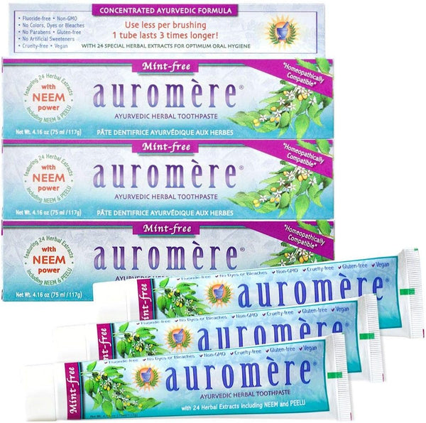 Auromere Ayurvedic Herbal Toothpaste, Mint Free, Vegan, Natural, Non-GMO, Fluoride Free, 3 Pack (4.16 oz)