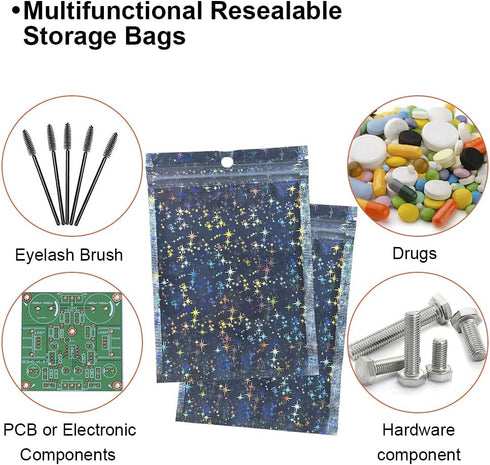 Holographic Bags 4x6 Inch, 100PCS Star Pattern Resealable Mylar Zip Lock Bags for Food Storage and Jewelry