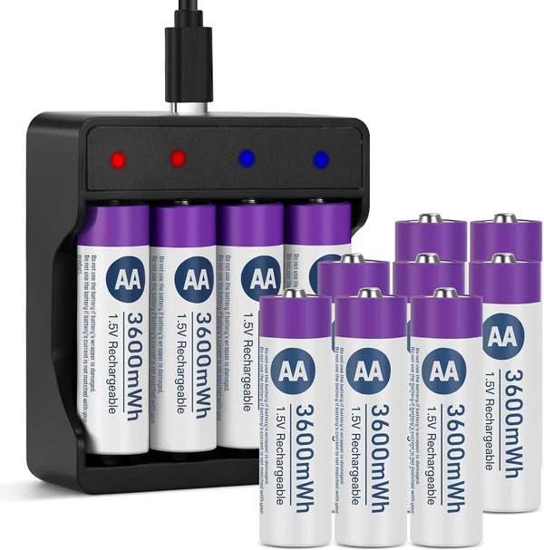 Lithium Rechargeable AA Batteries 12 Pack, 3600mWh High Capacity 1.5V Li-ion Batteries with Charger for Blink Camera