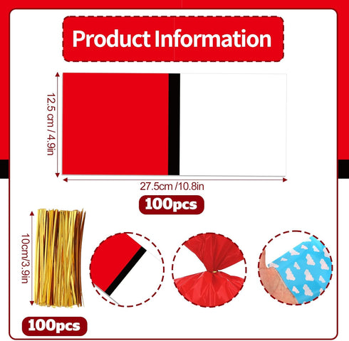 SAVITA 100pcs 100 Packaging Red and White Cartoon Theme Cellophane Treat Bags, Animation Party Favor Gift Bags