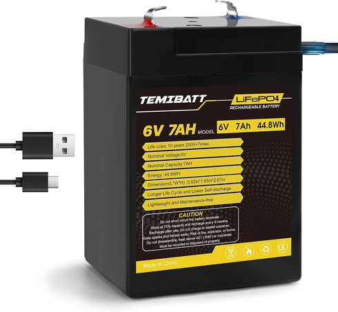 TEMIBATT 6V Battery LiFePO4 1 Pack, USB Rechargeable 7AH Lithium Iron Phosphate Battery,