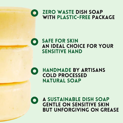 Zero Waste Natural Dish Soap Bar (3 Bars) - Solid Vegan Dishwashing Block - Eco Friendly Plastic Free Packaging