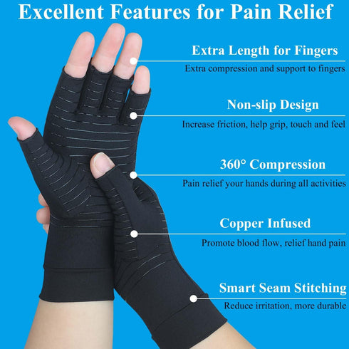 2 Pairs Copper Arthritis Gloves for Women, Compression Fingerless Hand Gloves for Pain Relief, Medium