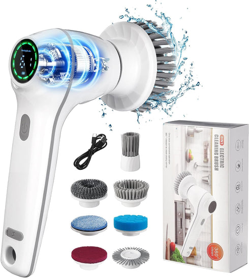 Electric Spin Scrubber, Cordless Shower Scrubber with Display, IPX7 Waterproof, 7 Replaceable Heads for Kitchen, Tub,