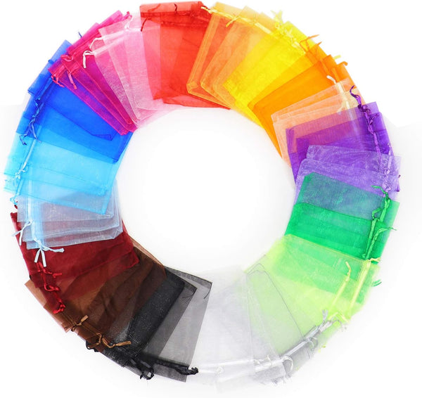 100pcs Drawstring Organza Jewelry Candy Pouch, Party Wedding Favor Gift Bags (6x8, Mixed Color)