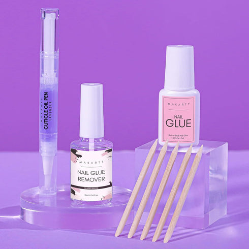 Makartt Nail Glue Kit - Brush on Nail Glue 7ML, Glue Remover 10ML, Cuticle Oil, and Wooden Sticks