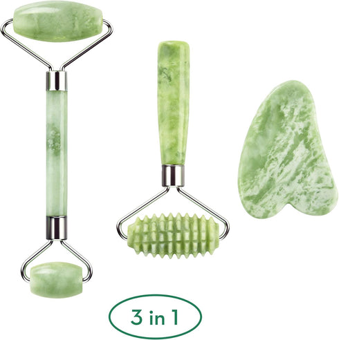 kimkoo 3 in 1 Jade Roller and Gua Sha Kit, 100% Real Natural Jade Stone Facial Massager Tool for Anti Aging