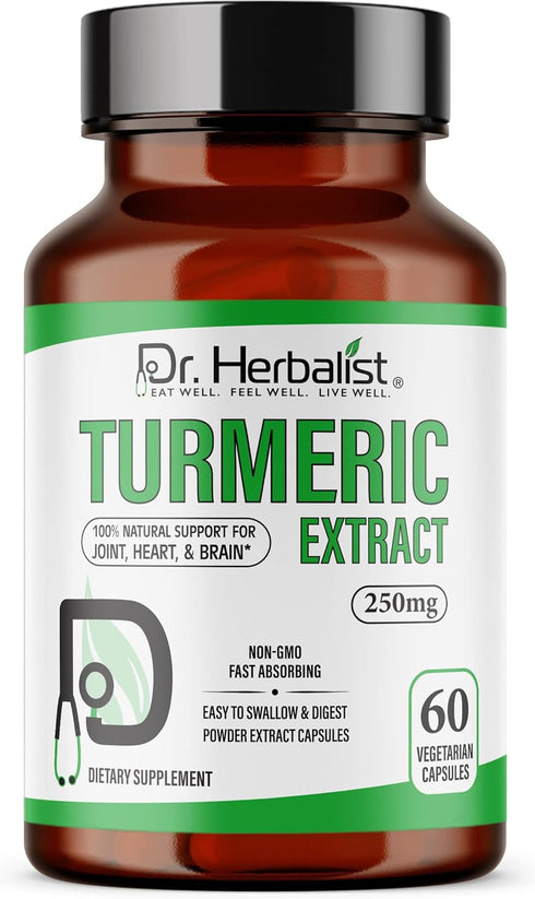 Turmeric Curcumin Root Extract Capsules 250mg, 60 Capsules by Dr. Herbalist | Non-GMO, Vegetarian, High Potency