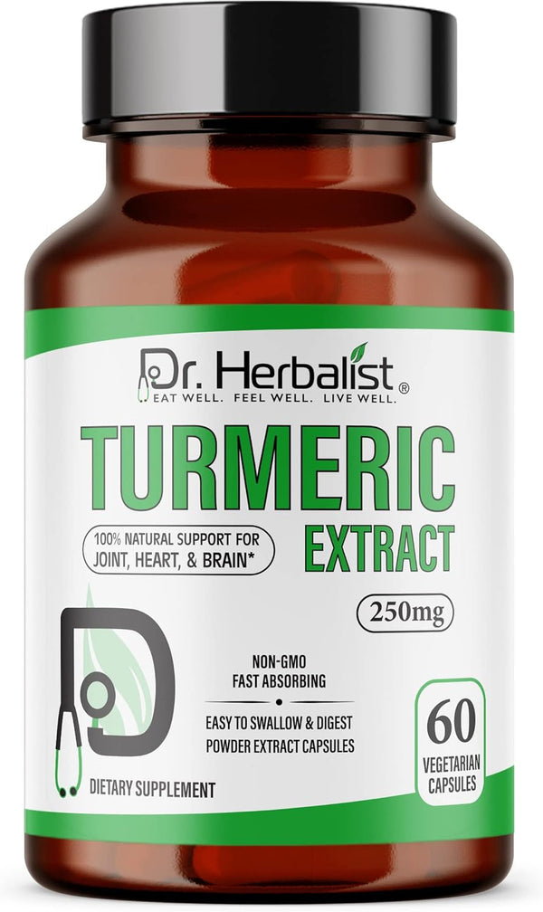 Turmeric Curcumin Root Extract Capsules 250mg, 60 Capsules by Dr. Herbalist | Non-GMO, Vegetarian, High Potency