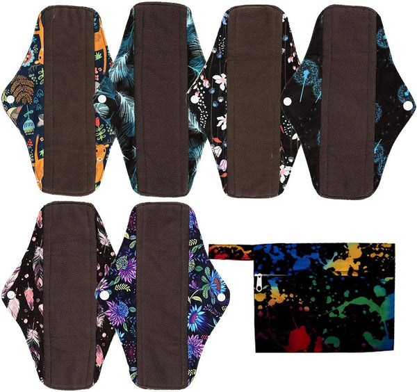 7pcs Set, 1 Mini Wet Bag + 6pcs 10 Inch Regular Cloth Mama Cloth/Menstrual Pads, Reusable Sanitary Pads (Ink)