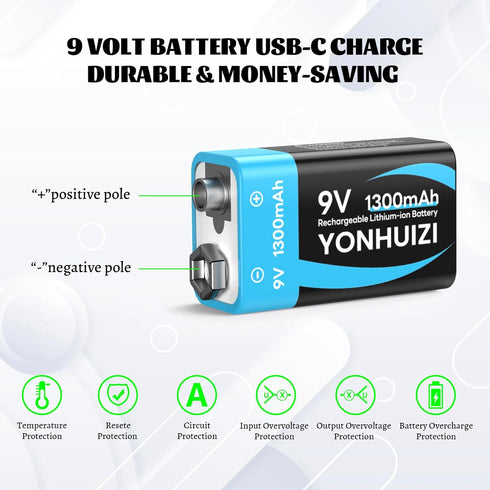 YONHUIZI 4-Pack 1300mAh 9V 9 Rechargeable Batteries, Volt Lithium-ion Square Battery Long Lasting Power+Clip Connector