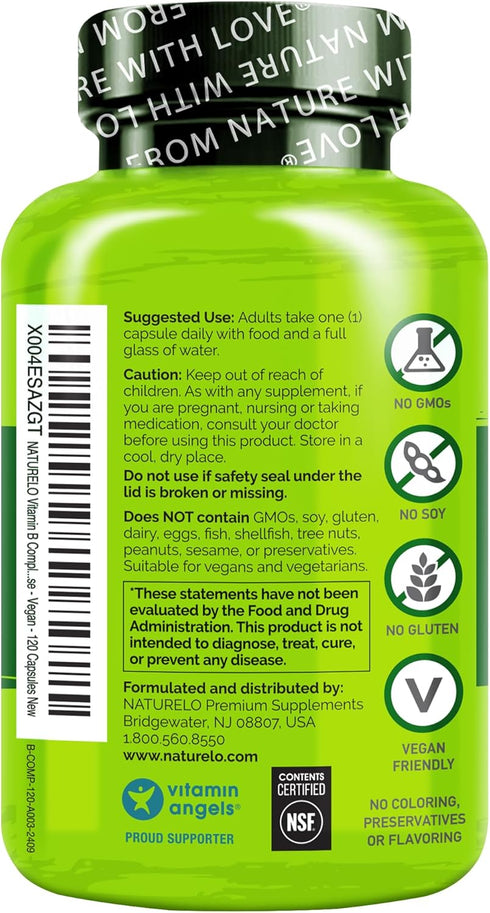 NATURELO Vitamin B Complex - Methyl B12, Methyl Folate, Vitamin B6, Biotin, Choline, CoQ10, 120 Capsules