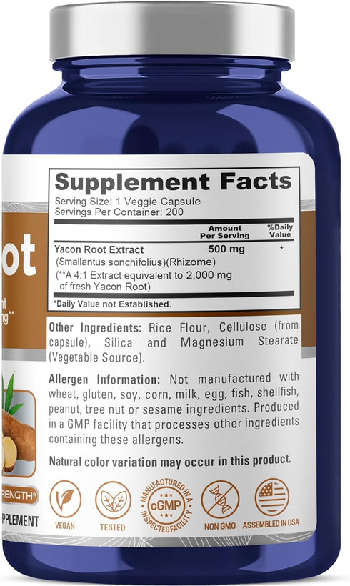 NusaPure Yacon Root Extract 2000mg - 200 Vegetarian Capsules (4:1 Extract, Non-GMO, Vegan)