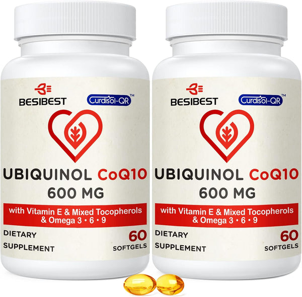 Ubiquinol CoQ10-600mg-Softgel - Active CoQ10 Supplement with Vitamin E & Omega 3, 120 Count