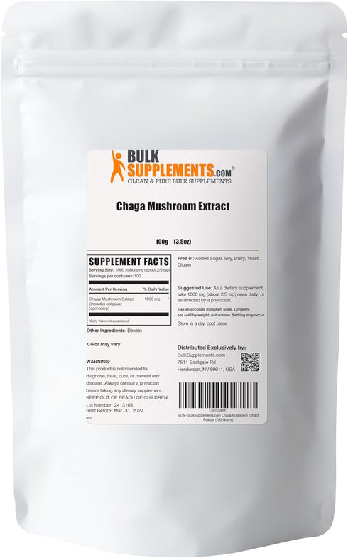 BulkSupplements.com Chaga Mushroom Extract Powder - Vegan & Gluten Free Supplement, 1000mg per Serving, 100g