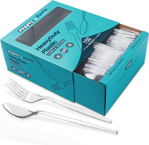 Plastic Forks and Spoons Silverware Set (150PCS) - Heavy Duty Disposable Utensils, 75 Clear Forks and Spoons