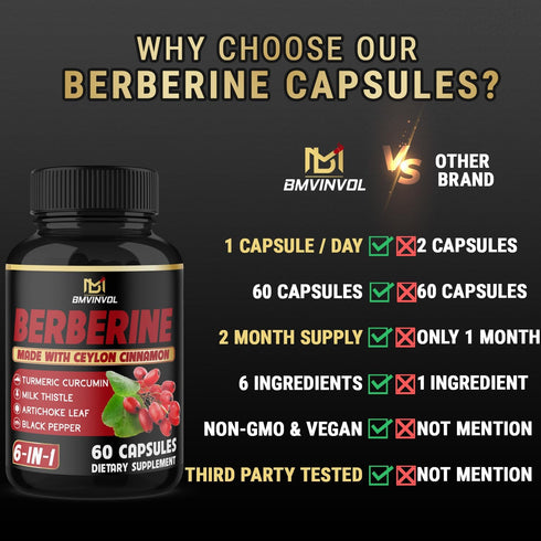 Berberine Supplement with Ceylon Cinnamon, Turmeric, Artichoke, Milk Thistle - Berberine HCl Supplement Pills - 60