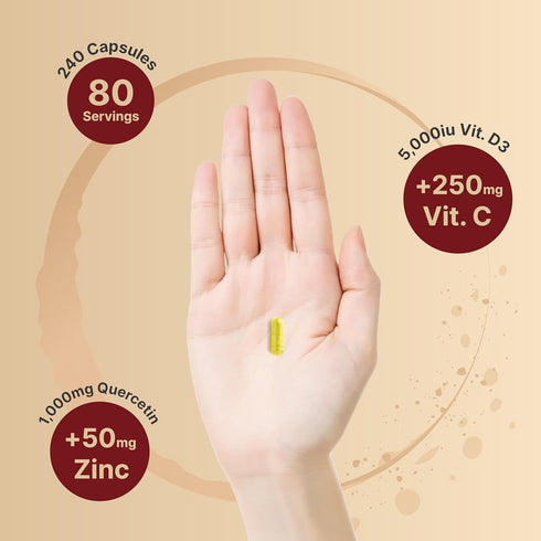 NatureBell Zinc Quercetin with Vitamin C & D3, 240 Capsules, 4 in 1 Zinc 50mg, Quercetin 1,000mg, Vitamin C 250mg