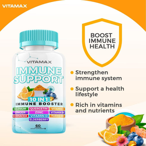10-in-1 Immune System Support Booster - Elderberry, D3, Selenium, Quercetin, Zinc, Vitamin C & More - 60 Count