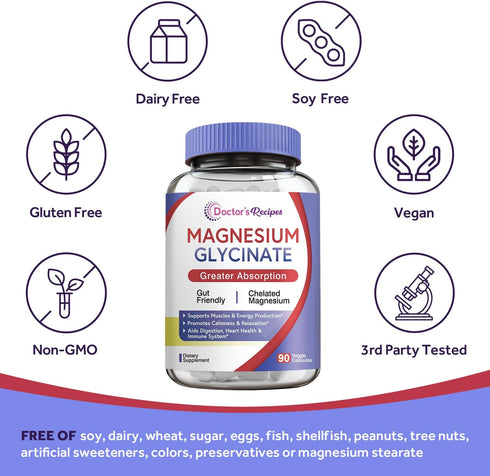 Doctor's Recipes Magnesium Glycinate for Men & Women, 100mg Elemental Mag, 90 Caps, High Absorption