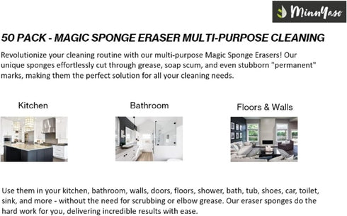 Magic Sponge Cleaning Eraser 3.94" x 2.36" x 0.79" | Multi-Purpose Household Cleaning | 50 Pack
