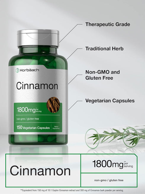 Horbaach Cinnamon Capsules | 1800mg | 150 Count - Ceylon Cinnamon Supplement | Vegetarian, Non-GMO, Gluten Free