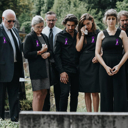 100 Pcs Cross Funeral Ribbons - Memorial Ribbon with Safety Pin for Mourning (Purple)