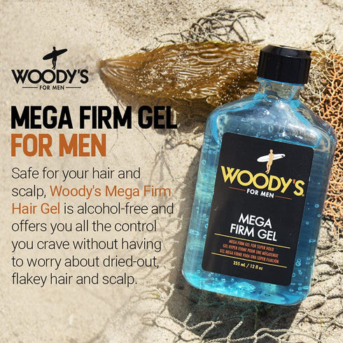 Woody's Mega Firm Gel for Men, Strong Hold, Maximum Shine, Alcohol-Free, No Flaking, All Hair Types, 12 Fl Oz